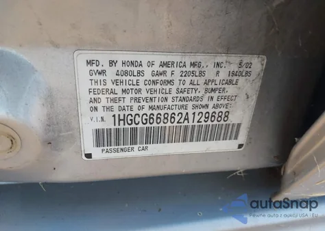 2002 Honda Accord 2.3 Ex/2.3 Se from USA, damaged, VIN 1HGCG66862A129688